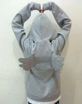 Women Grey Angel Wing Embroidered Hoodie Cute Kawaii Pullover Sweatshirt Wing Decoration Back Y2K Street Harajuku Loose Pullover