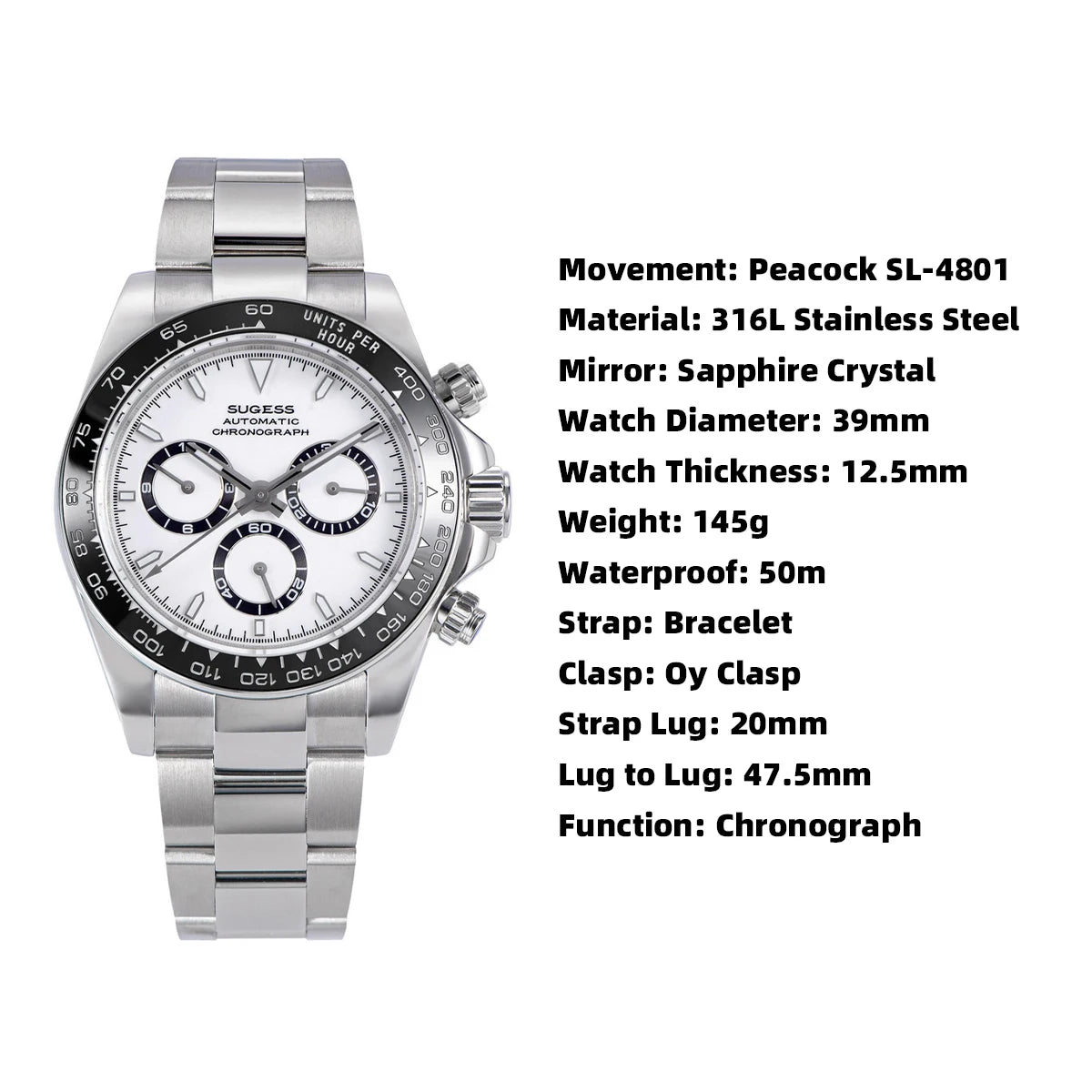 Sugess S418-2 Panda Chronograph Automatic Watch | 39mm