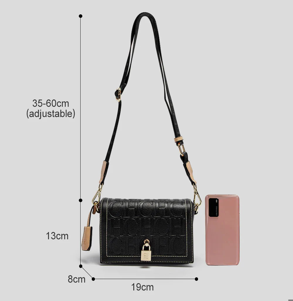 CH Crossbody Bag For Women Luxury Monogram Leather Handbag Fashion Wide Strap Shoulder Bag Elegant Lock Flap Bag For Daily Use