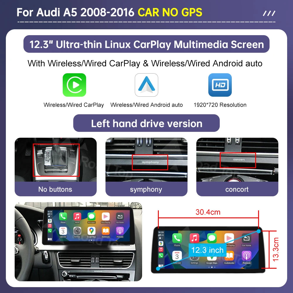 Road Top 8.8"/12.3" Touch Screen for Audi A5 2008–2016
