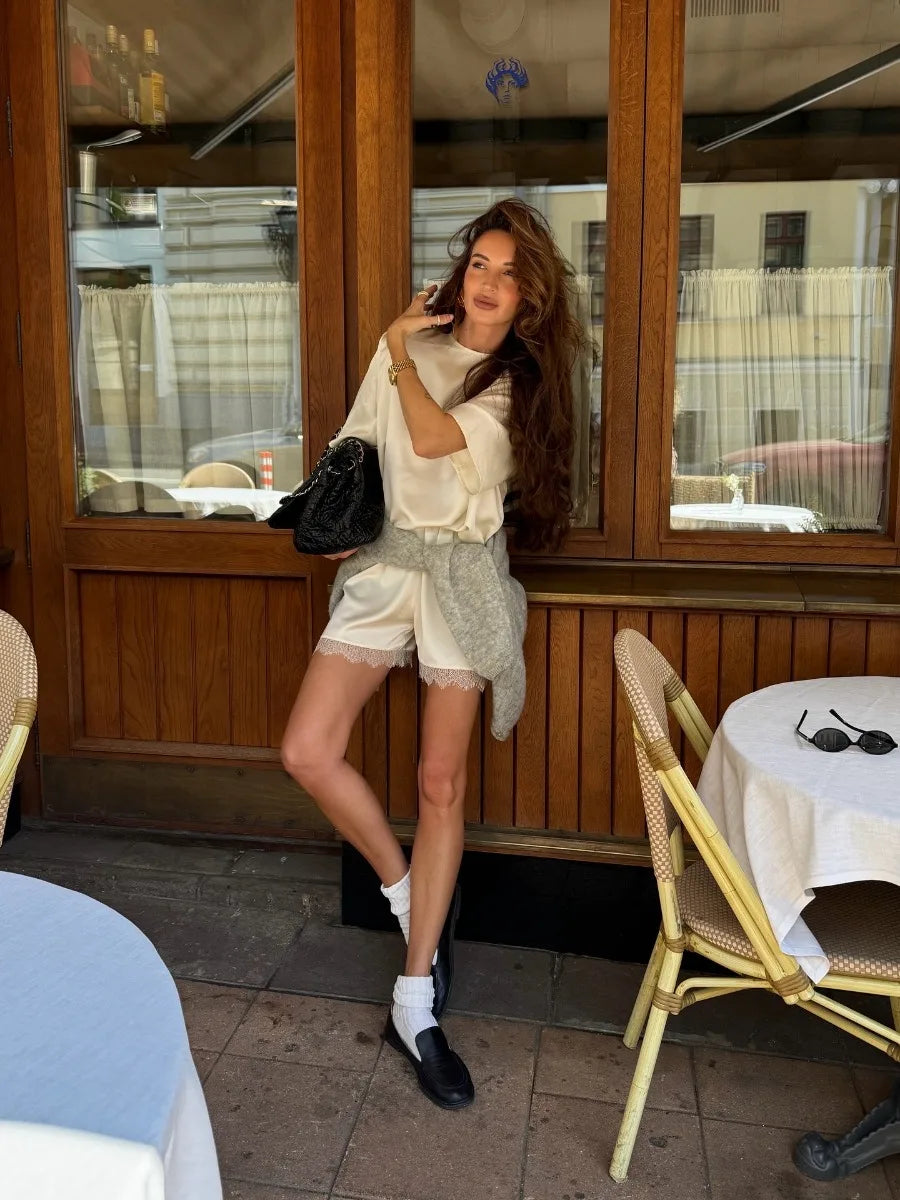 Hirsionsan Loose Sets Women Two Pieces Short Tops & Lace Patchwork Shorts Elegant Female High Quality Outfits Soft Tracksuit