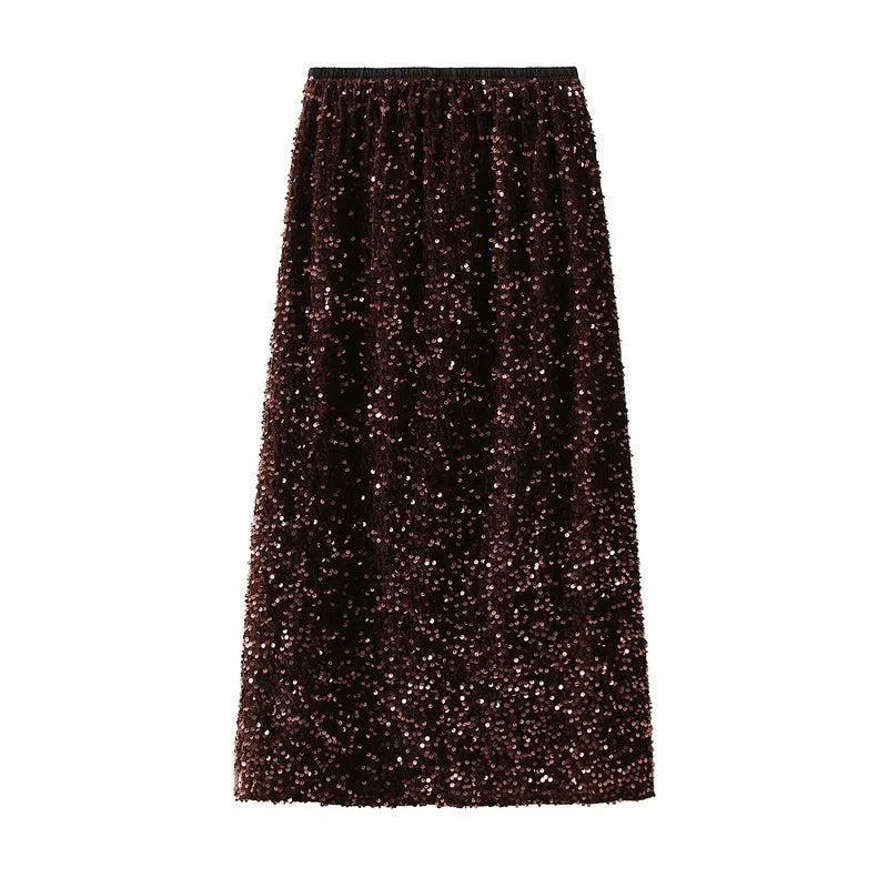 High Waisted Sequin Maxi Skirt Women Elegant Shiny Straight Skirts With Slit Summer Spring Black Long Sequin Skirt For Women