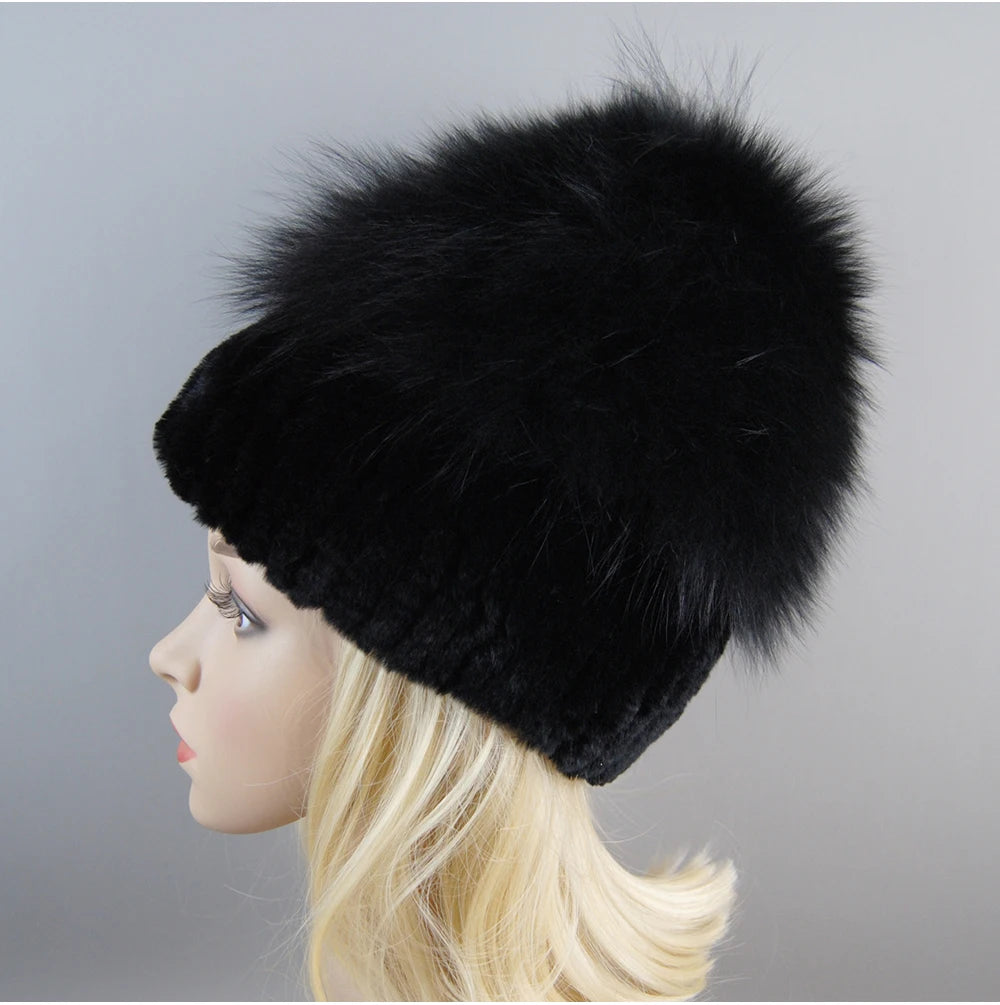 Women's Luxury Rex Rabbit & Fox Fur Beanie Hat