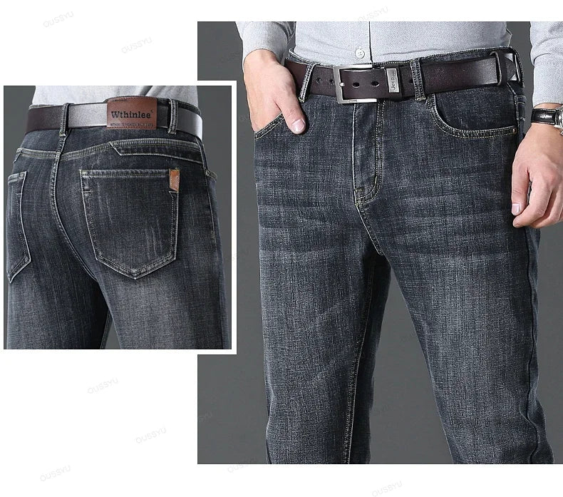 Autumn Winter Men's Jeans Classic Retro Grey Denim Pants Man Work Slim Straight Stretch Cotton Trousers Streetwear Plus Size 40