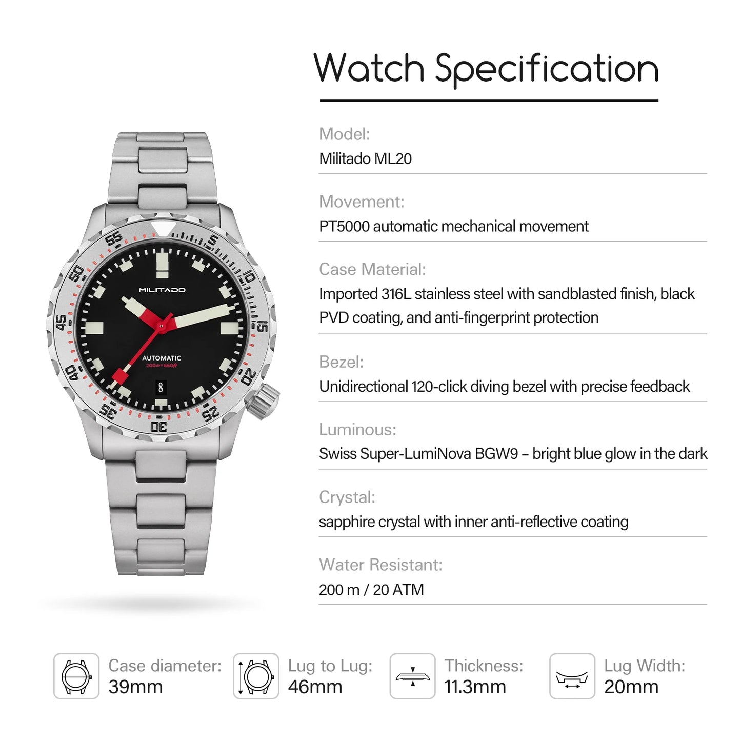 MILITADO ML20 Automatic Diver Watch 39mm PT5000 Mechanical Sapphire 200m Waterproof PVD BGW9 Lume Steel Bracelet Mens Watchs