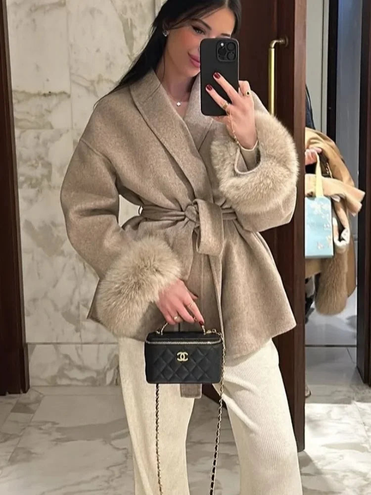 Elegant Lace-Up Woolen Short Coat