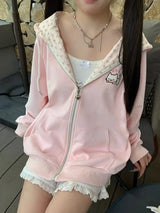 Women's Cat & Floral Print Zip-Up Hoodie