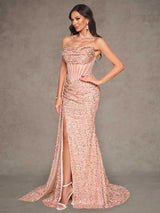 Rose Gold Sequin Strapless Mermaid Evening Gown