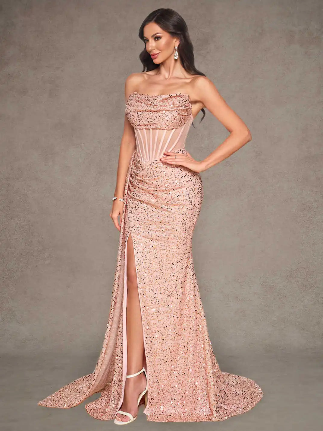 Rose Gold Sequin Strapless Mermaid Evening Gown