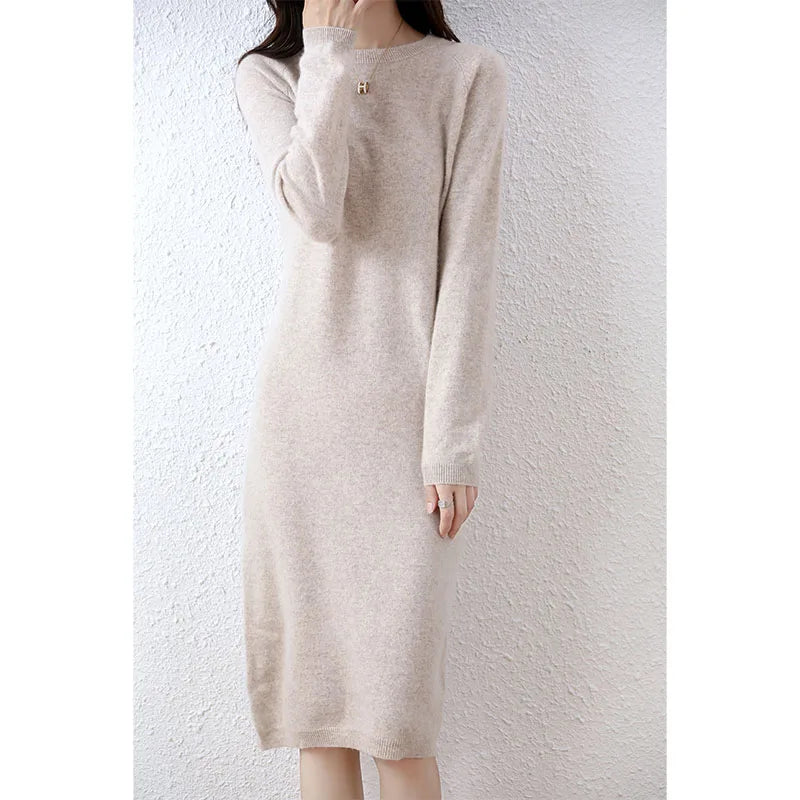 100% Merino Wool Long-Sleeve Midi Sweater Dress