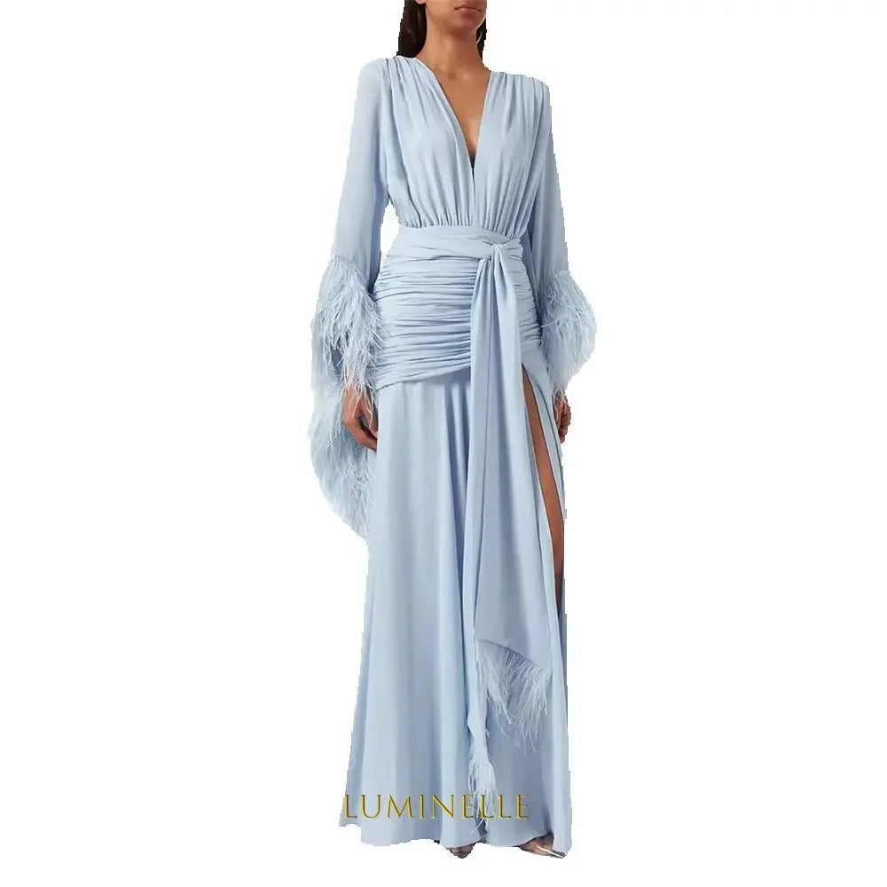 Customized V-Neck Side High Slit A-Line Prom Dresses Long Sleeve Elegant Evening Gowns Cascading Ruffle Party Dresses 2026