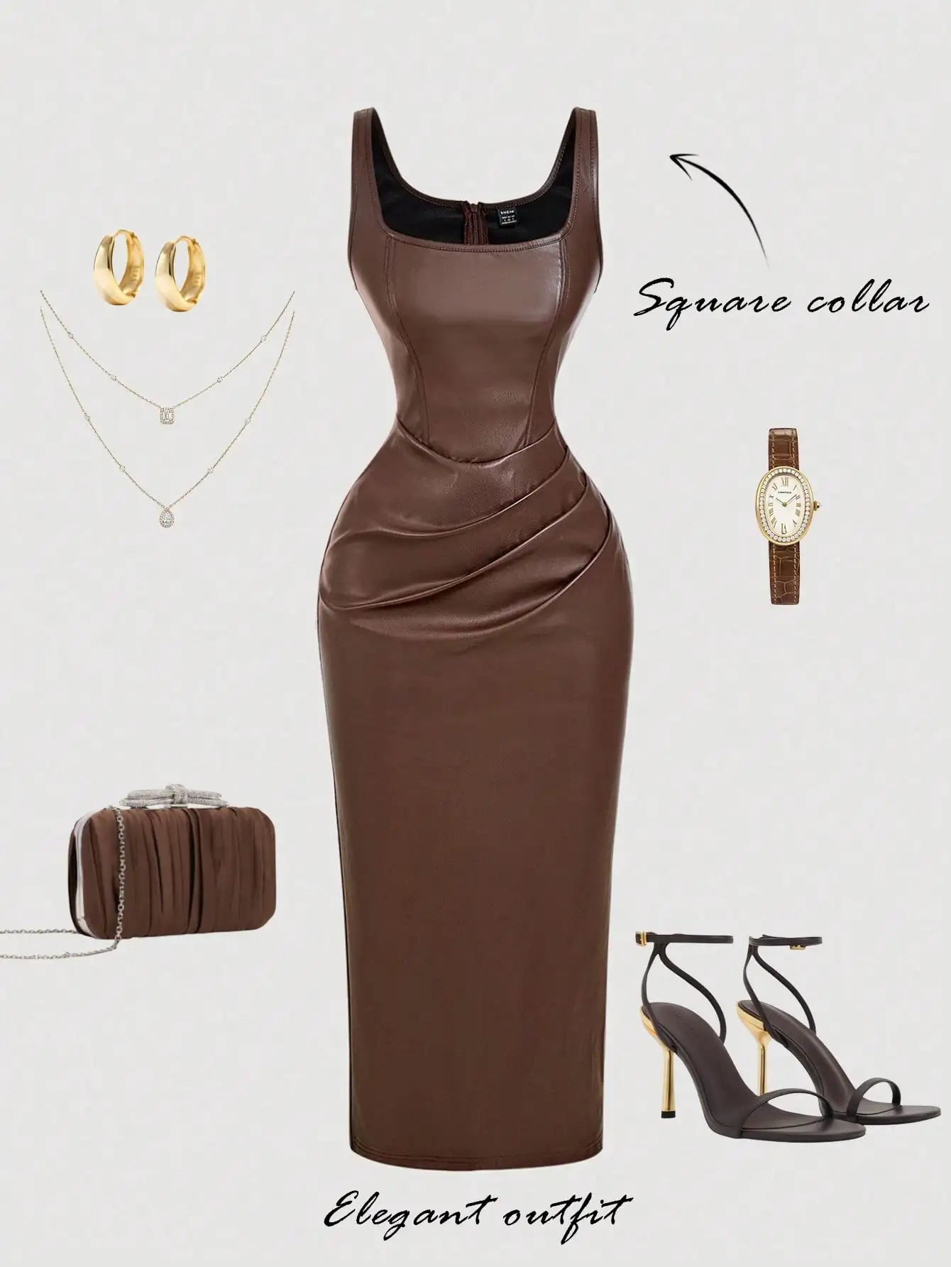 Women's Elegant Burgundy Sleeveless Fitted PU Dress