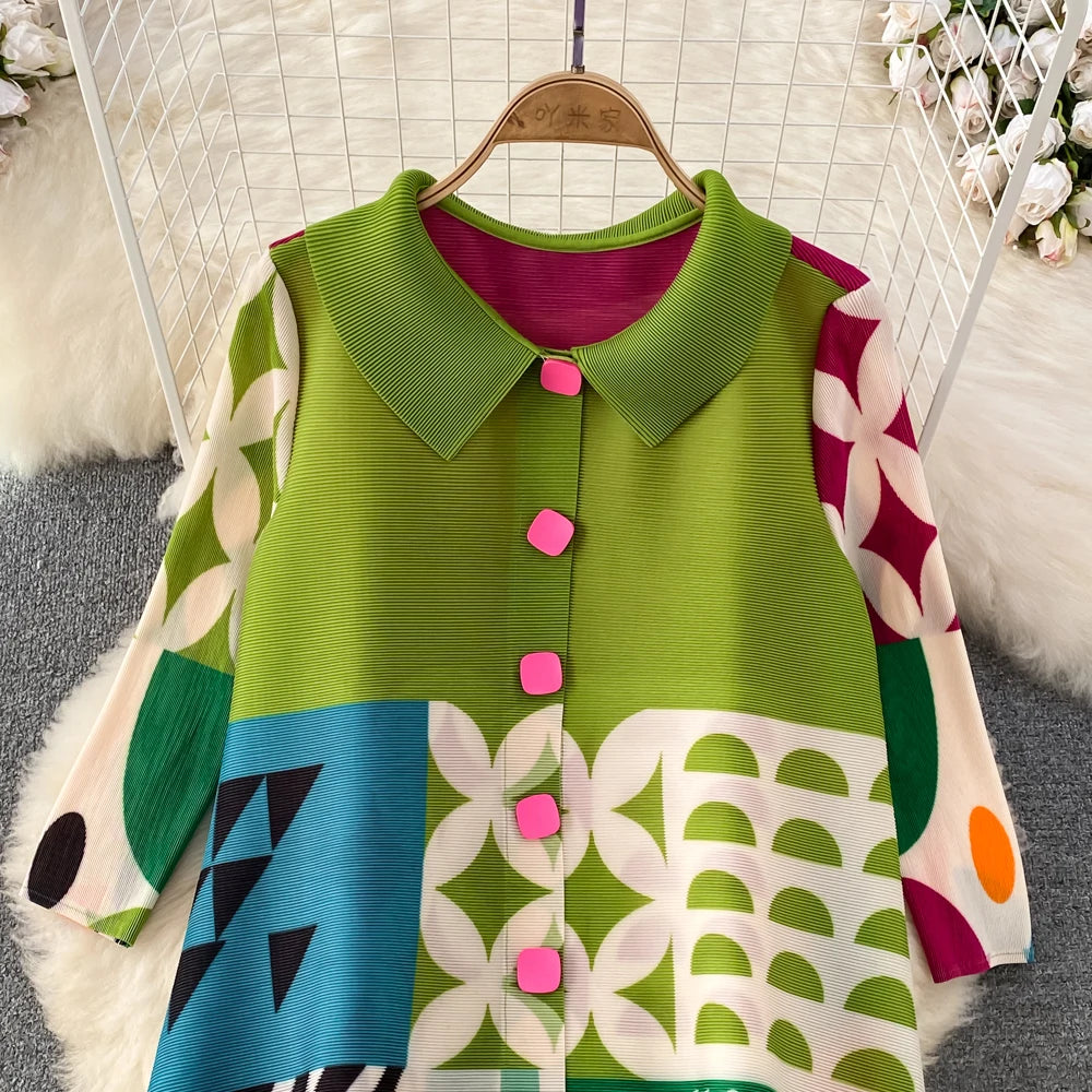 Miyake Pleated Drape Dress – Colorblock Print, 3/4 Sleeve