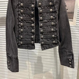 Punk Style Black Stand Up Collar Denim Jacket - Vintage Washed Motor Coat