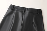 Women's High Waist Faux Leather Wide Leg Fleece Pants