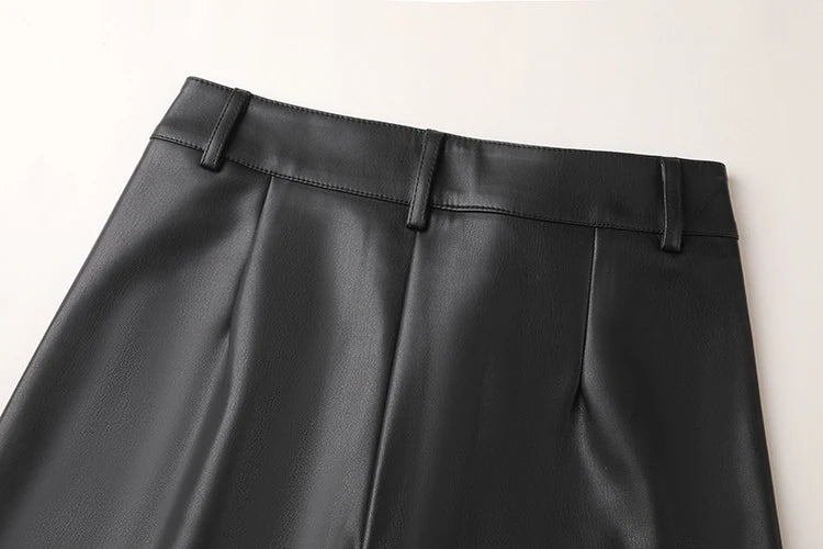 Women's High Waist Faux Leather Wide Leg Fleece Pants