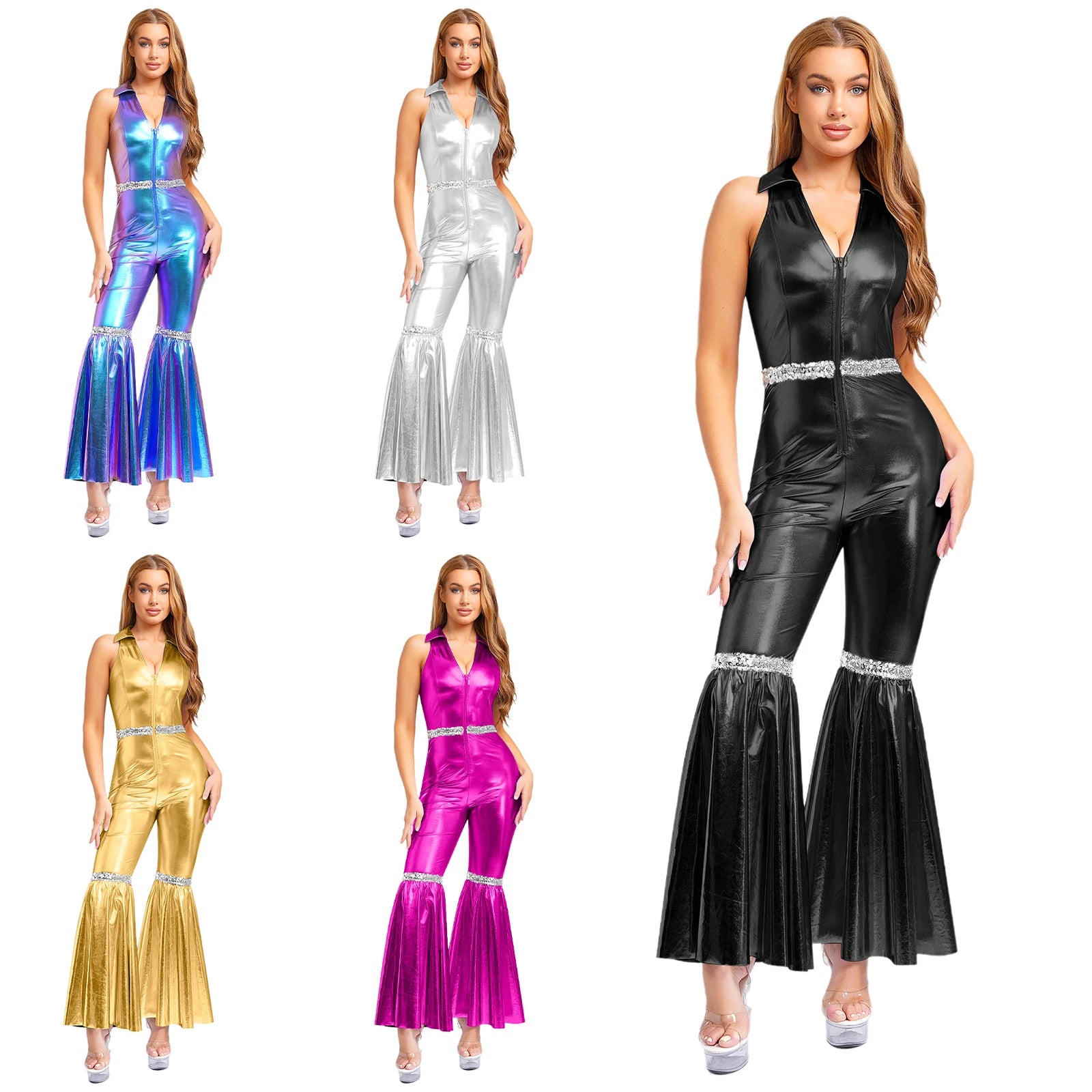 Women's 70s Disco Sequin Jumpsuit – Retro Bell-Bottom