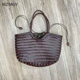 Luxury Designer Genuine Leather Cowhide Hand-woven Tote Bag High Quality Vintage Women's  Vacation Travel Beach Shoulder Bag