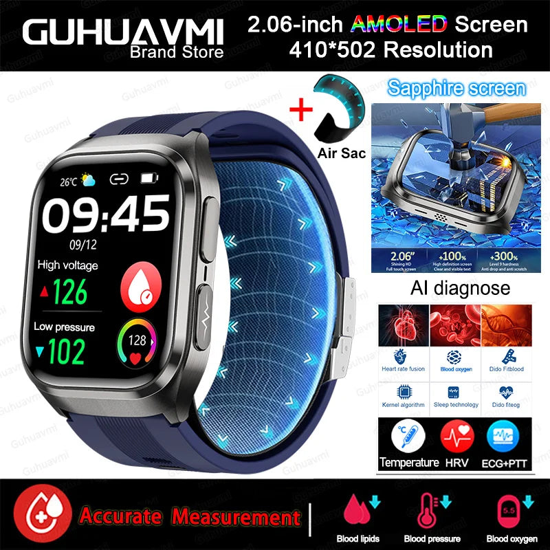 2025 New Nursing Grade Air Bag Smart Watch Men Blood Fat ECG+PPG Blood Pressure Broadcast NFC HD BT Call Health SmartWatch Woman