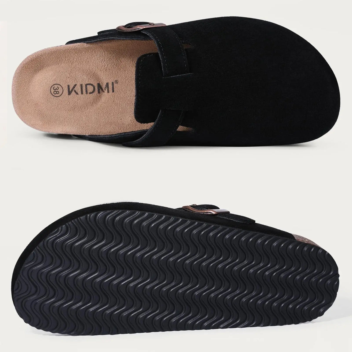 Evshine Men's Suede Clogs Fashion Leather Mules Cozy Footbed Slippers With Adjustable Buckle AntiSlip Cork Slippers Unisex Mules