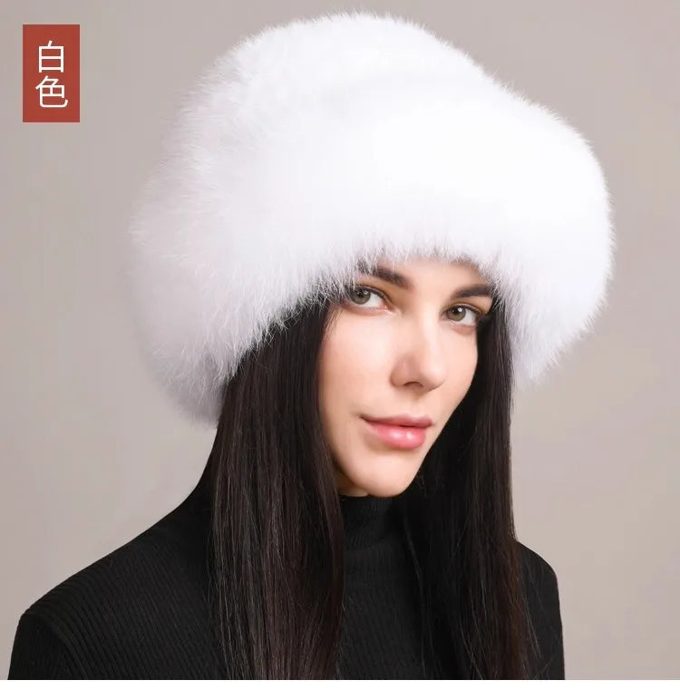 Genuine Knitted Mink Fur Hat with Fox Fur Brim