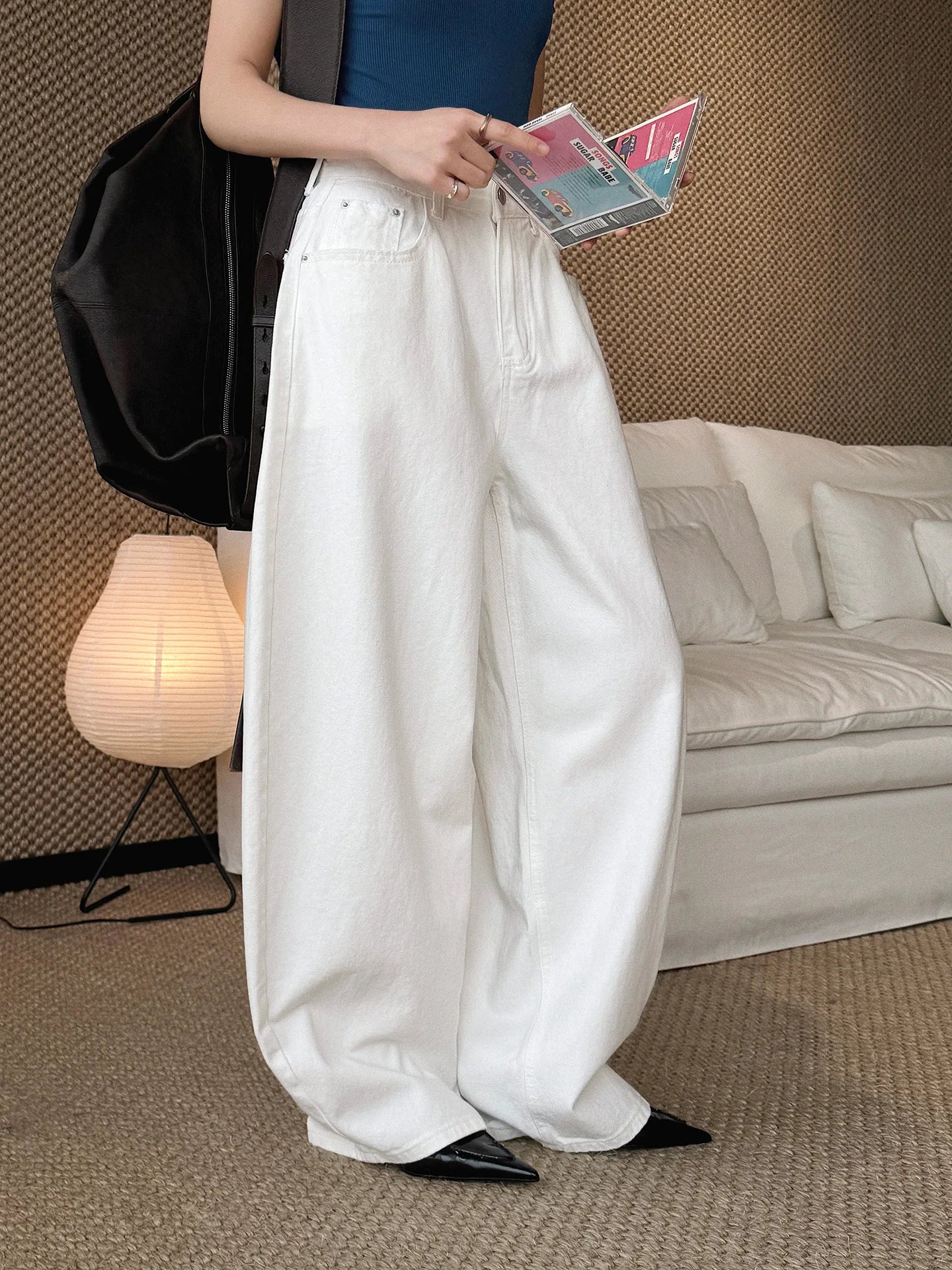 Spring/Summer New American Retro Fashionable High Waist Washed Used Cat Beard Jeans Loose Wide Leg Pants Women