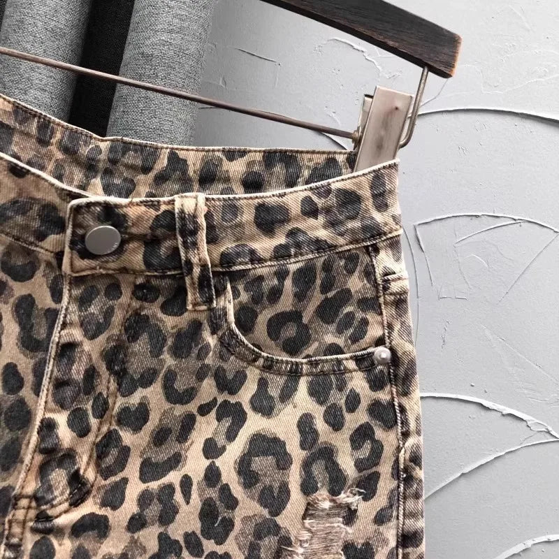 Leopard Print High-Waist Denim Shorts for Women