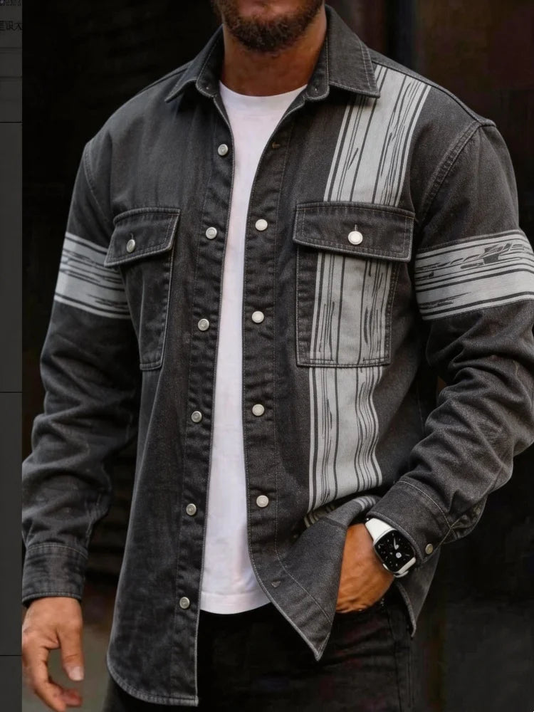 Men's Vertical Stripe Print Fake Denim Long Sleeve Shirt Lapel Button Down Double Chest Pocket Casual Street Top