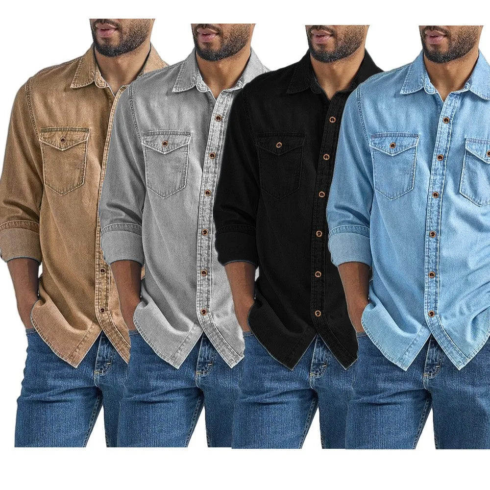 Men's Denim Shirt Slim Fit Light Blue Long Sleeve Casual Top with Two Chest Pockets Button Front Copper Buttons Washed Gray