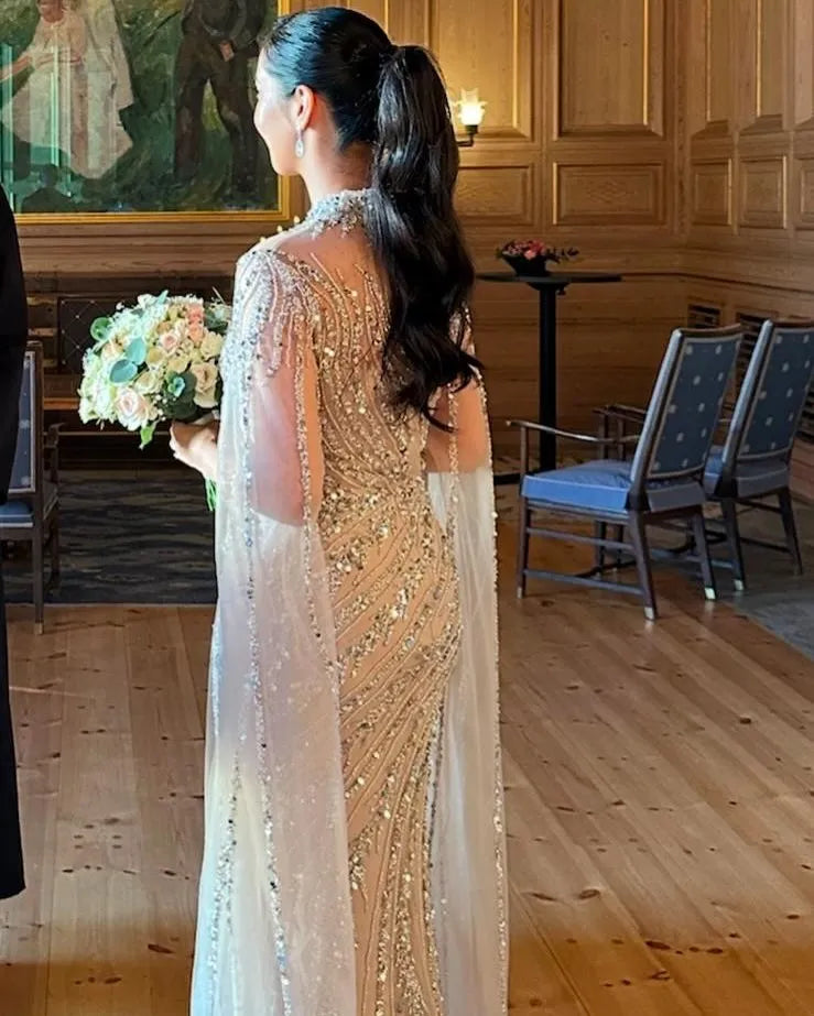 Luxury Beaded Mermaid Evening Gown | Cape Sleeve