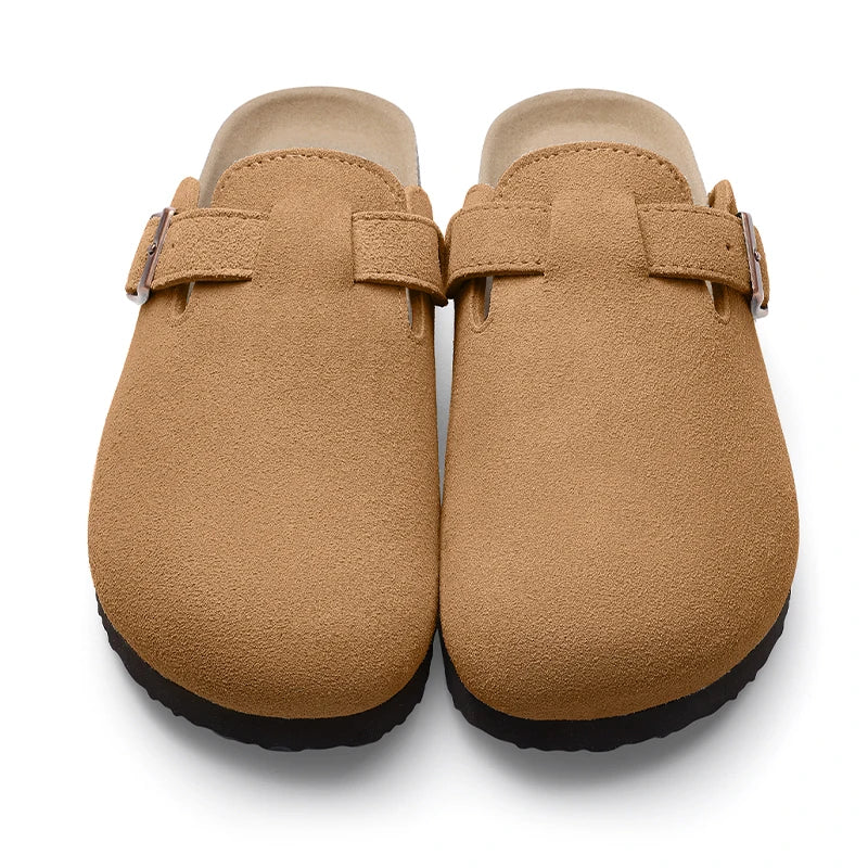 Evshine Men's Suede Clogs Fashion Leather Mules Cozy Footbed Slippers With Adjustable Buckle AntiSlip Cork Slippers Unisex Mules