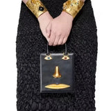 Face Bag Women High Quality Black Leather Luxury Brands Handbag Jewelry Eyes Gold-tone Metal Shoulder Strap Crossbody Bags
