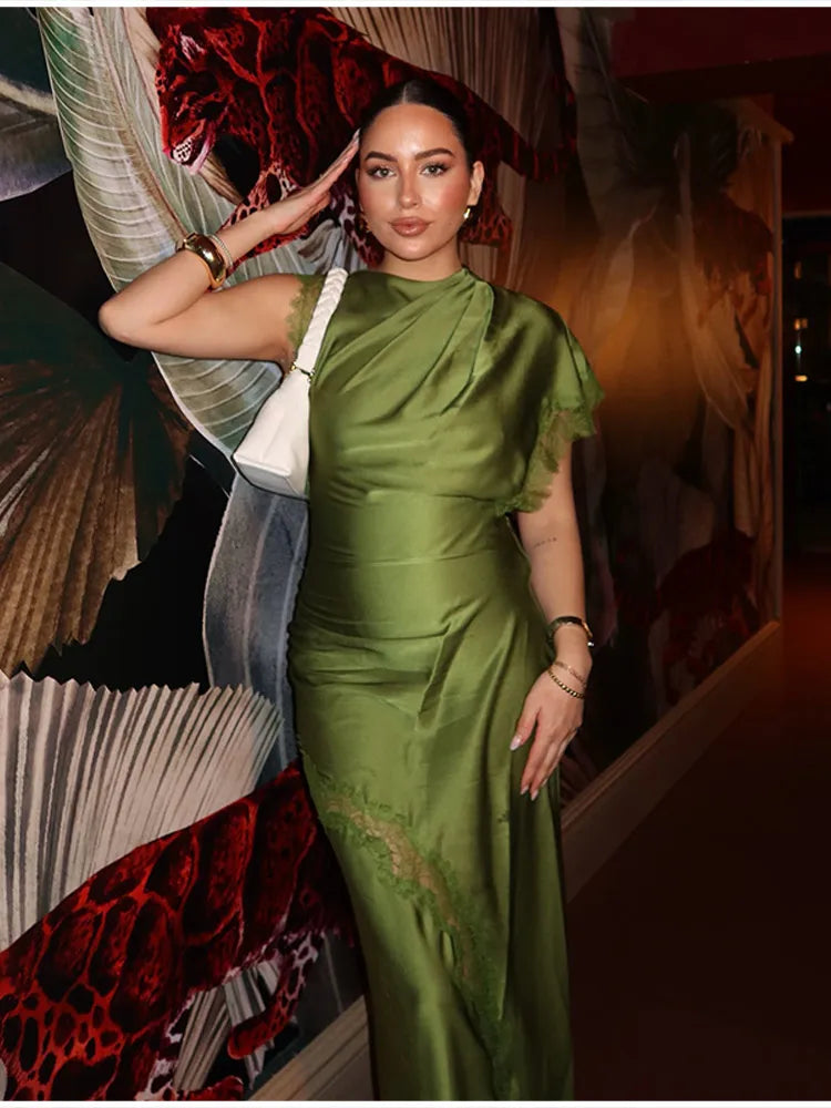 Women Elegant Green Satin Maxi Dress Lace Slit Asymmetric High Neck Draped One-sleeve Slim Fit Lgown Formal Evening Party Outfit