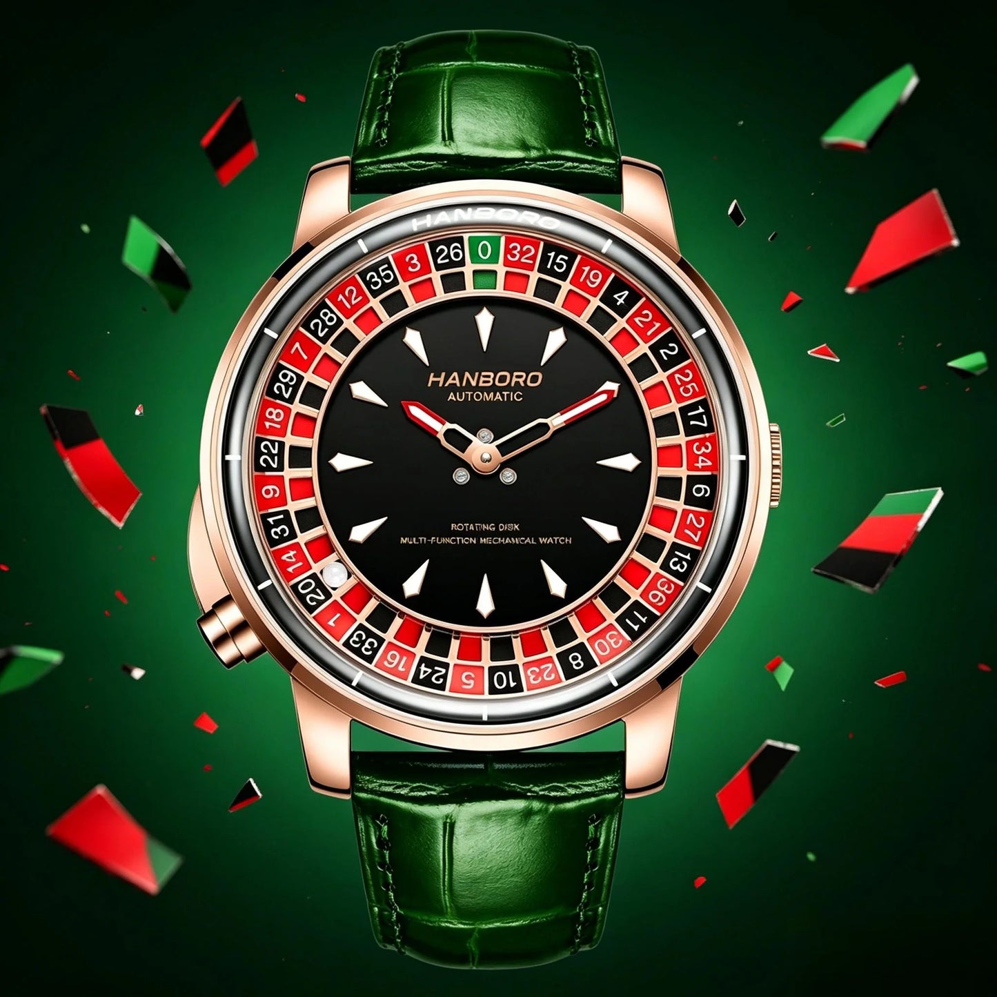 HANBORO Men's Fully Automatic Mechanical Watch Casino Wheel Rotating Dial Luxury Rose Gold Unique Personalized Watch