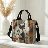 Abstract Geometric Floral Black Cat Art Print Tote Bag Detachable Strap Crossbody Handbag For Women Daily Shopping