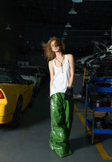 Olive Green PU Leather Wide Leg Pants — Men's Y2K Streetwear Trousers