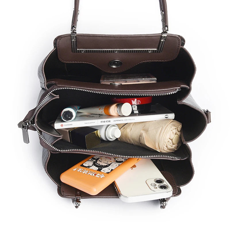New Vintage Embossed Handmade Handbag For Women Versatile PU Leather Shoulder Bag 3 Layers Large Capacity Crossbody Bags Female