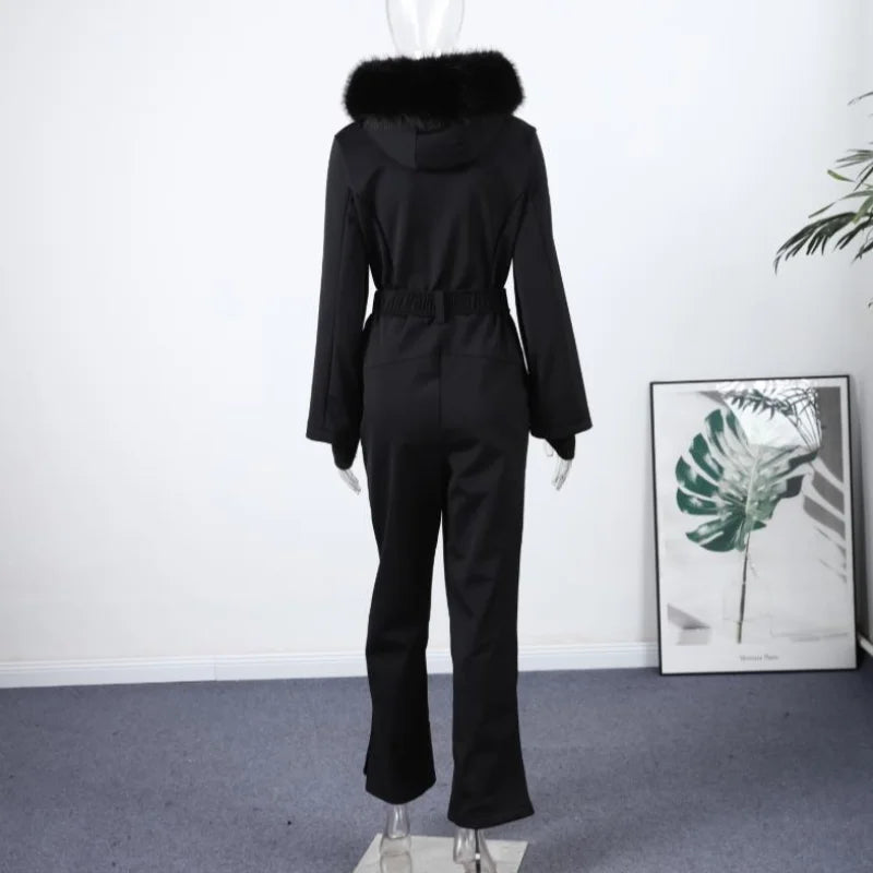 Women’s Faux Fur Hooded Ski Jumpsuit | Waterproof Winter Romper