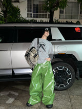 Olive Green PU Leather Wide Leg Pants — Men's Y2K Streetwear Trousers