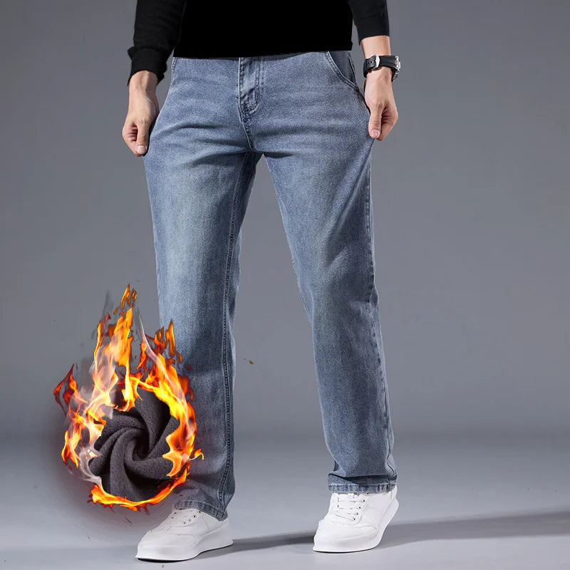 Men's Winter Fleece Thicken Lightweight Business Straight Leg Jeans Solid Color Versatile Slight Elastic Long Pants