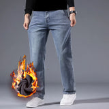 Men's Winter Fleece Thicken Lightweight Business Straight Leg Jeans Solid Color Versatile Slight Elastic Long Pants