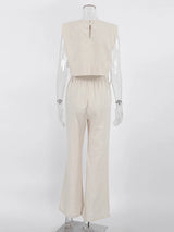 Spring Summer 2025 Women Holiday Linen Pant Set Crop Tops Solid Outfits 2 Two Piece Matching Set For Women