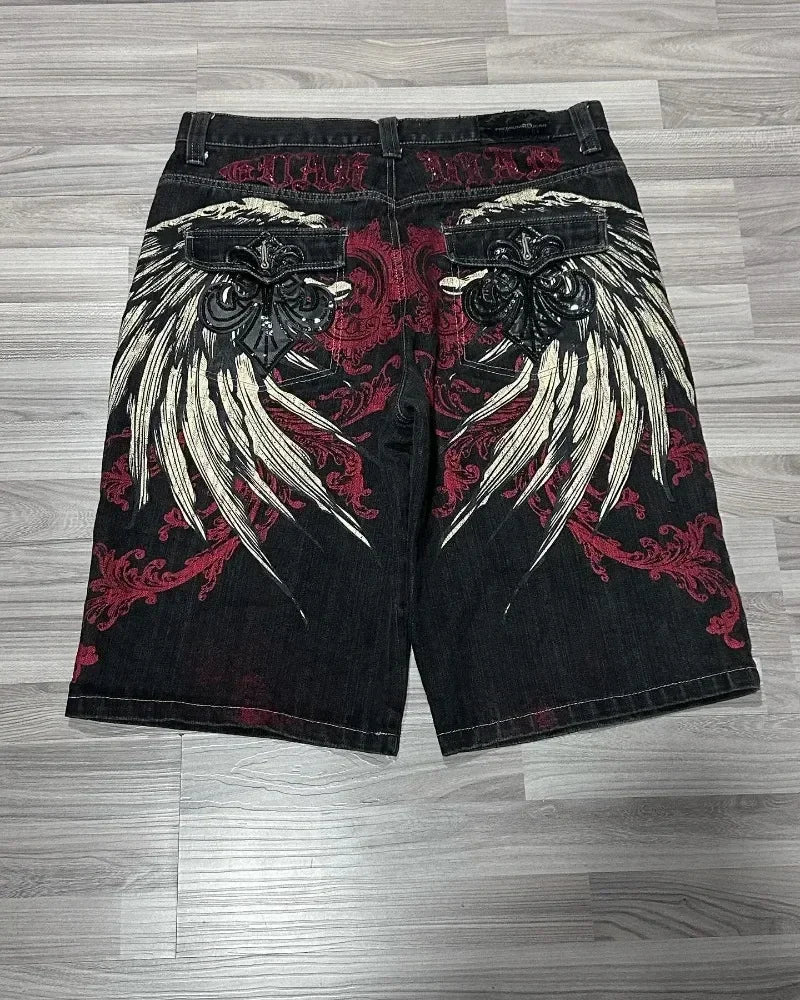 Men’s Y2K Gothic Embroidery Denim Shorts – Oversized Hip Hop Loose Fit