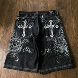 Men’s Y2K Gothic Embroidery Denim Shorts – Oversized Hip Hop Loose Fit