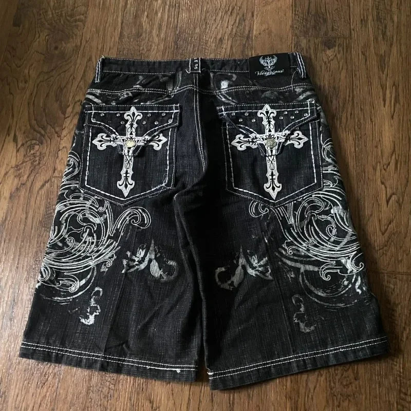Men’s Y2K Gothic Embroidery Denim Shorts – Oversized Hip Hop Loose Fit