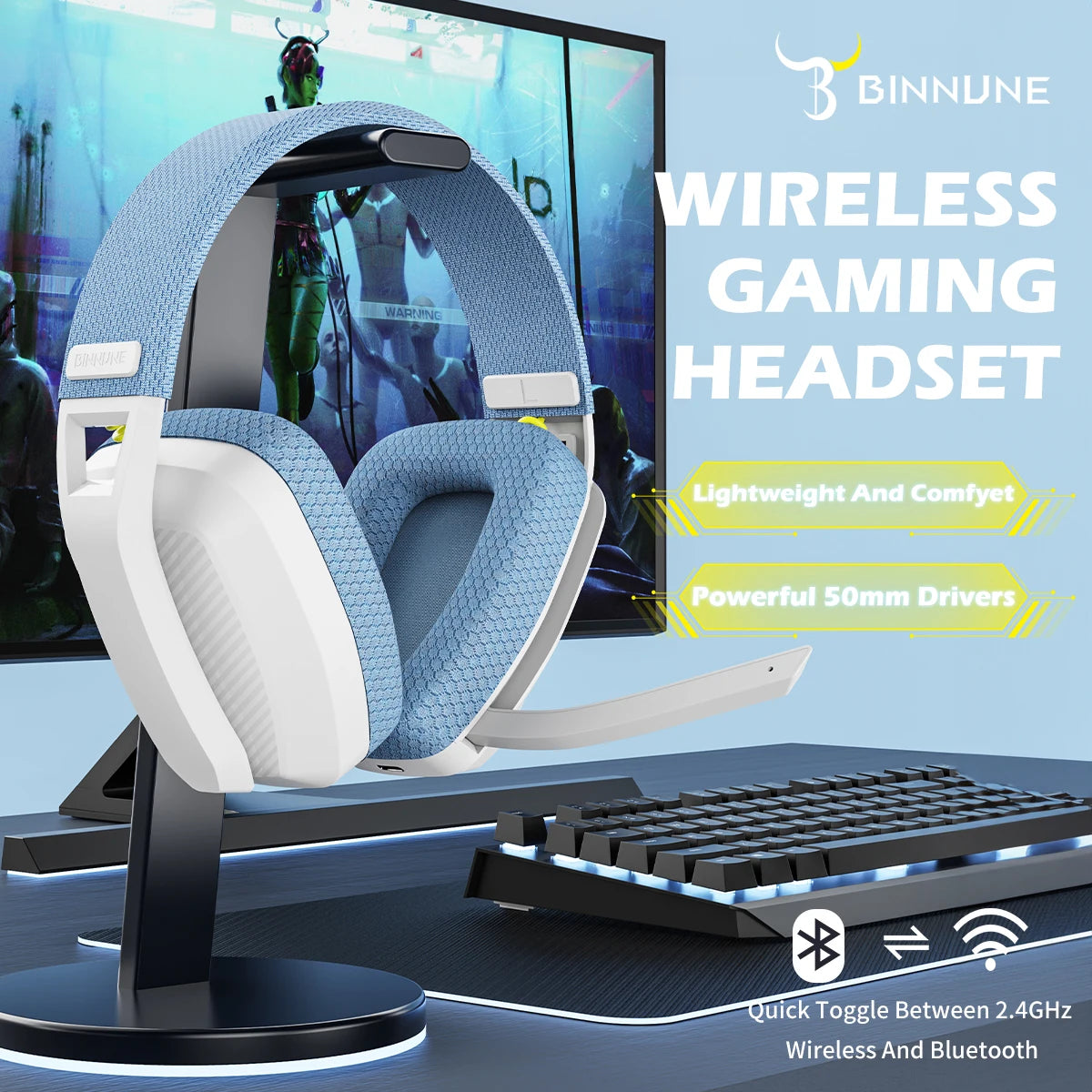 BINNUNE BW06 Bluetooth Headsets Gamer with Mic Wireless 2.4GHz Gaming Headphones with Microphone for PS5 PS4 PC Mac Playstation