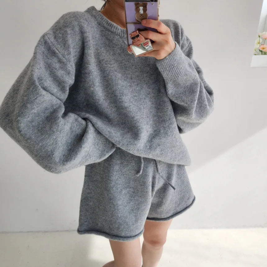 Korean Style Sweater Two 2 Piece Set Women Vintage Autumn Winter Pullover Knitted Tops + Casual Shorts 2 Piece Outfits Female