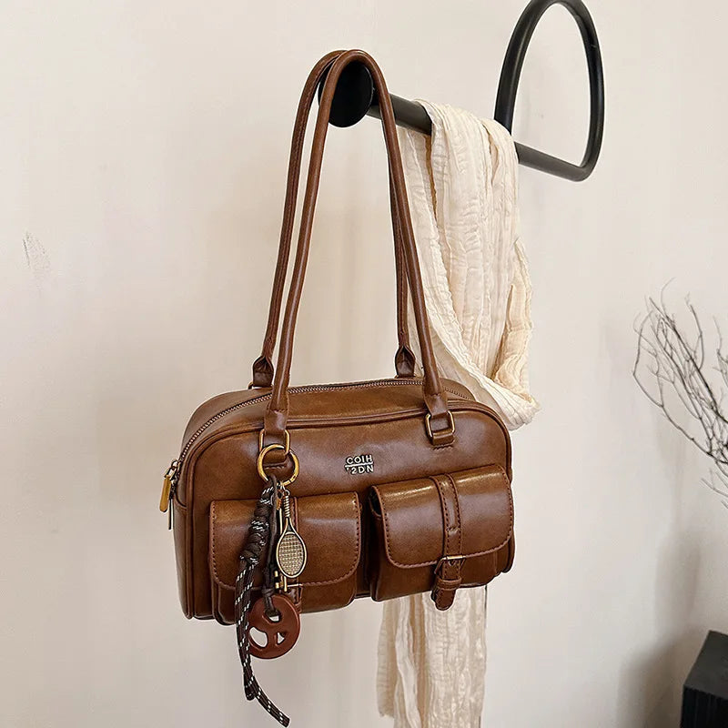 Women’s Coffee Brown Multi-Pocket Shoulder Bag | Vintage PU Leather Crossbody