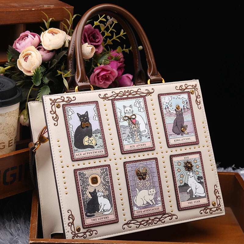 Vintage Luxury Leather Tote – Designer Cat Embroidery Shoulder Bag