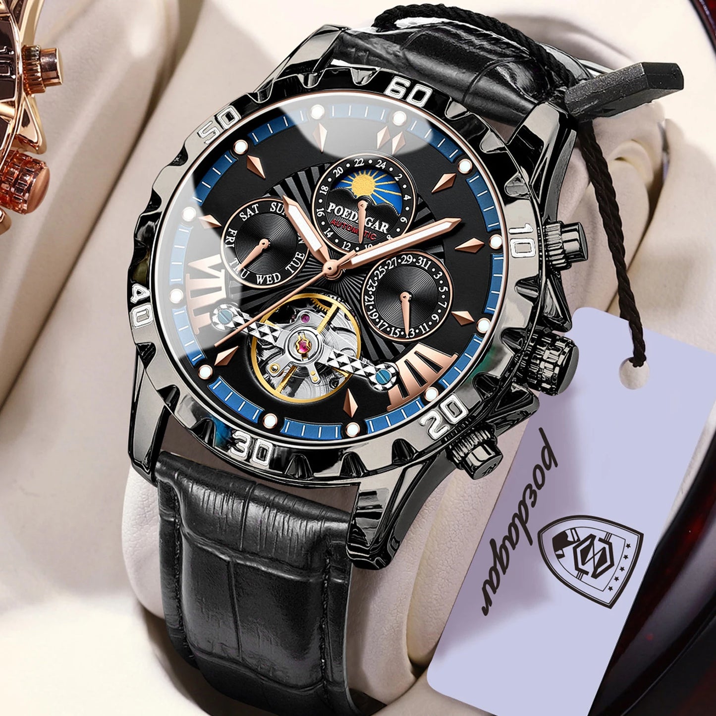 POEDAGAR Luxury Men Watch Luminous Waterproof Hollow Tourbillon Male Clock Week Date Business Automatic Mechanical Men's Watches